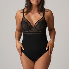 Load image into Gallery viewer, Black. This body is simply irresistible. It is elegant with the look of a bustier style long line bra. The plunge mesh gives the illusion of lightness but offers full support. The flowered embroidery lace has an edgy tattoo effect.  Fabric: Polyamide: 56%, Elastane: 33%, Polyester: 9%, Cotton: 2%
