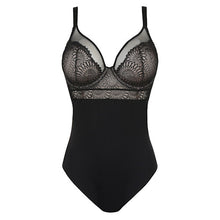 Load image into Gallery viewer, Black. This body is simply irresistible. It is elegant with the look of a bustier style long line bra. The plunge mesh gives the illusion of lightness but offers full support. The flowered embroidery lace has an edgy tattoo effect.  Fabric: Polyamide: 56%, Elastane: 33%, Polyester: 9%, Cotton: 2%
