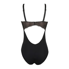 Load image into Gallery viewer, Black. This body is simply irresistible. It is elegant with the look of a bustier style long line bra. The plunge mesh gives the illusion of lightness but offers full support. The flowered embroidery lace has an edgy tattoo effect.  Fabric: Polyamide: 56%, Elastane: 33%, Polyester: 9%, Cotton: 2%
