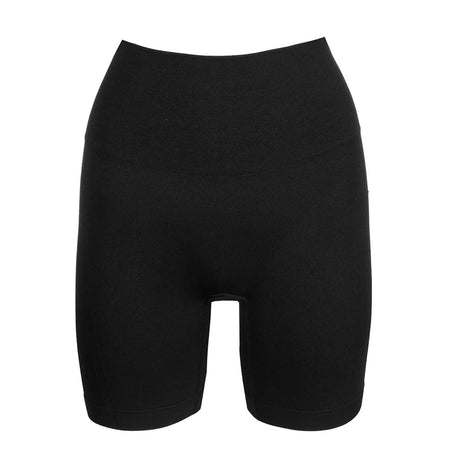 Black high-waisted shorts on a white background