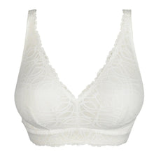 Load image into Gallery viewer, White lace underwire bra with a deep V-neckline and delicate scalloped edges, shown against a plain white background.

