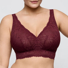Load image into Gallery viewer, Maroon lace bralette worn by a person on a plain background
