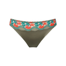 Load image into Gallery viewer, Green bikini bottom with floral lace trim on a white background
