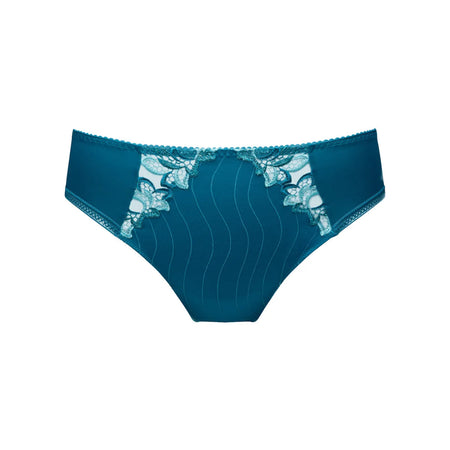 Teal underwear with floral lace trim on a white background