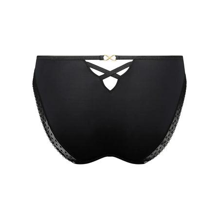 Black lace-trimmed underwear on a white background