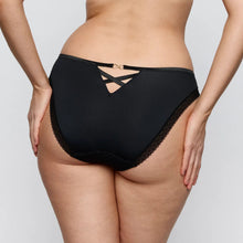 Load image into Gallery viewer, Black high-waisted underwear with lace trim on a neutral background
