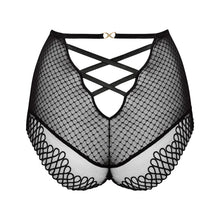 Load image into Gallery viewer, Black fishnet lingerie set with criss-cross straps on a white background
