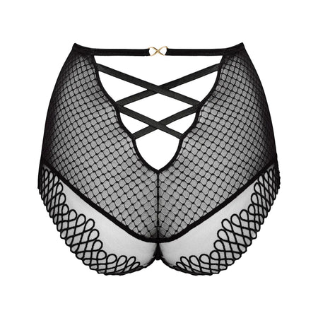 Black fishnet lingerie set with criss-cross straps on a white background