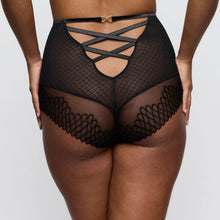 Load image into Gallery viewer, Black fishnet lingerie with strappy design on a plain background
