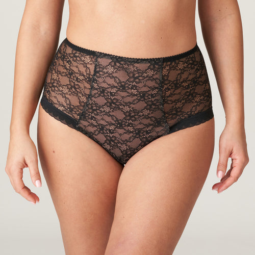 This high waist brief is very special! It offers full coverage to the front but has gorgeous cut out details at the back. A luxurious retro look with delicate elastic trim for a smooth fit throughout. This garment is both flattering and practical.  Fabric Content: Polyamide: 75%, Elastane: 18%, Cotton: 7%