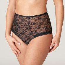 Load image into Gallery viewer, This high waist brief is very special! It offers full coverage to the front but has gorgeous cut out details at the back. A luxurious retro look with delicate elastic trim for a smooth fit throughout. This garment is both flattering and practical.  Fabric Content: Polyamide: 75%, Elastane: 18%, Cotton: 7%
