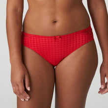 Load image into Gallery viewer, Looking for comfortable and oh so elegant briefs? These bikini style Rio briefs have it all. The lace work on the hip gives the impression of a longer leg, the bikini style is flattering to most shapes. This brief has a full back for smoothness and comfort. The lace detail on the hip offers the finishing touch to this elegant brief. Fabric content: Polyamide: 72%, Elastane: 23%, Cotton: 5%. Scarlet.
