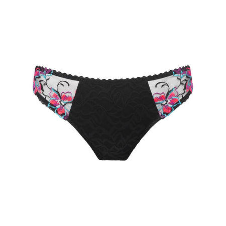 Black bikini bottom with colorful floral pattern on a white background