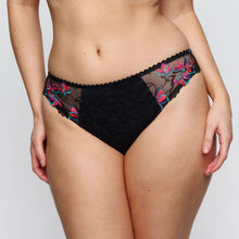 Load image into Gallery viewer, Black lace underwear with floral embroidery on a plain background
