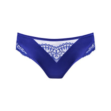 Load image into Gallery viewer, Blue lace-trimmed underwear on a white background
