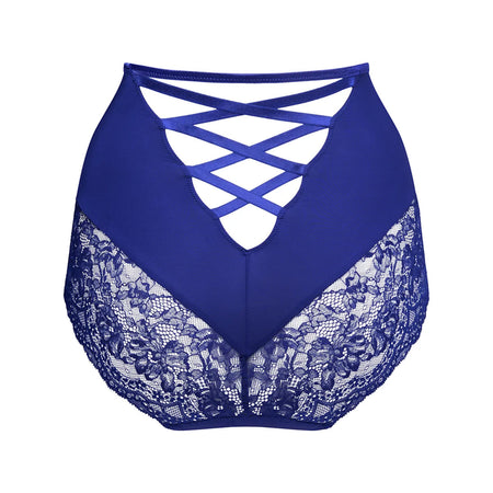Blue lace lingerie set on a white background