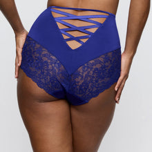 Load image into Gallery viewer, Blue lace underwear with criss-cross design on a neutral background
