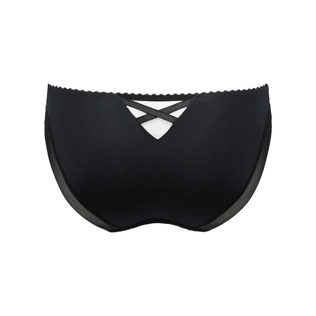 Black underwear with a criss-cross lace-up detail at the center front, shown against a plain white background.