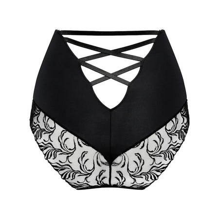 Black high-waisted briefs with a lace overlay featuring a black and white floral damask pattern, and a criss-cross strappy back design.