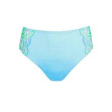 Load image into Gallery viewer, Light blue bikini bottom with green and white lace trim on a white background
