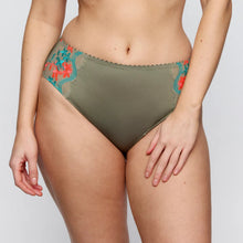 Load image into Gallery viewer, Olive green bikini bottom with floral embroidery on a plain background
