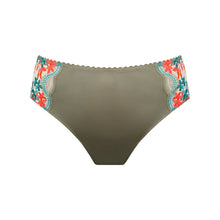 Load image into Gallery viewer, Green bikini bottom with floral trim on a white background
