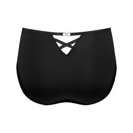 Black bikini bottom with criss-cross straps on a white background