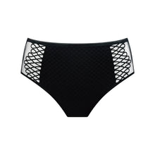 Load image into Gallery viewer, Black bikini bottom with mesh sides on a white background
