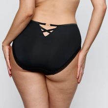 Load image into Gallery viewer, Black high-waisted bikini bottom with cutout design on a plain background
