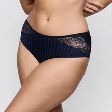 Load image into Gallery viewer, Navy blue lace underwear on a plain background
