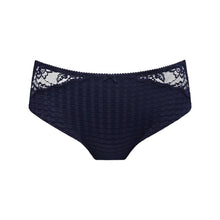 Load image into Gallery viewer, Navy blue underwear with lace trim on a white background
