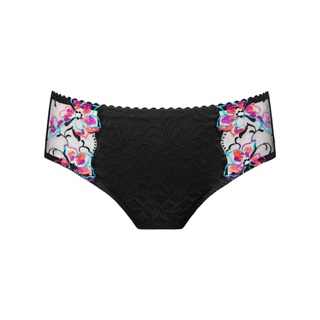 Black lace underwear with colorful floral embroidery on a white background