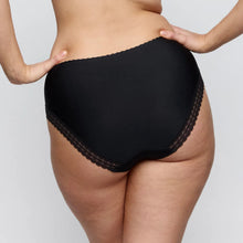 Load image into Gallery viewer, Black high-waisted underwear with lace trim on a neutral background
