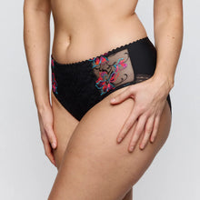 Load image into Gallery viewer, Black lace underwear with colorful floral embroidery on a plain background
