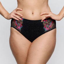 Load image into Gallery viewer, Black lace underwear with floral embroidery on a plain background

