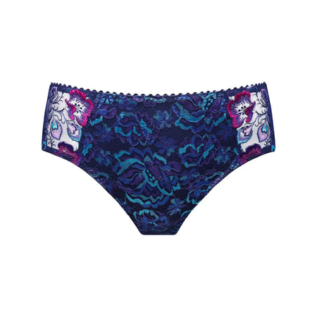 Blue lace underwear with pink floral accents on a white background