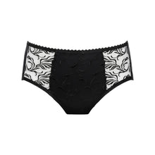 Load image into Gallery viewer, Black lace underwear with white floral patterns on a white background
