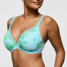 Load image into Gallery viewer, Light blue bra with green floral patterns on a neutral background
