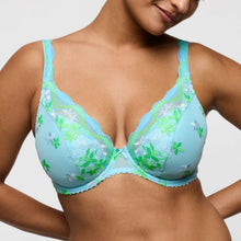 Load image into Gallery viewer, Light blue bra with floral lace details worn by a model on a neutral background
