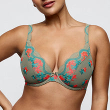 Load image into Gallery viewer, Green bra with floral embroidery on a model against a plain background
