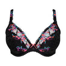 Load image into Gallery viewer, Black bra with colorful floral embroidery on a white background
