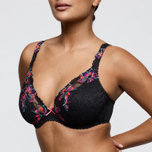 Load image into Gallery viewer, Black bra with colorful floral embroidery on a plain background
