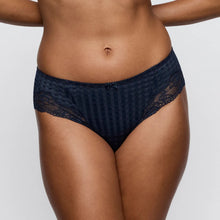 Load image into Gallery viewer, Navy blue lace underwear on a plain background
