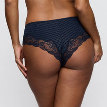 Load image into Gallery viewer, Navy blue lace underwear on a plain background
