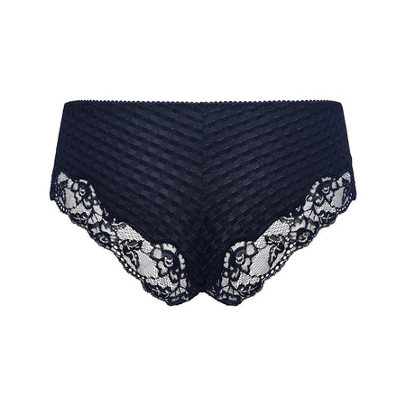 Black lace-trimmed underwear on a white background