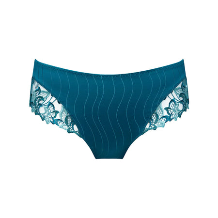 Teal underwear with lace trim on a white background