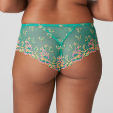 Load image into Gallery viewer, A stylish and luxurious G/String in soft microfiber. It is trimmed with broad panels of embroidery over the hips. Sunny Teal is a tropical shade of green with ochre and fuchsia highlights. Looks great on both pale and dark skin.  Fabric: Polyamide: 42%, Polyester: 42%, Elastane: 9%, Cotton: 7%
