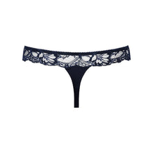Load image into Gallery viewer, Navy blue lace thong on a white background
