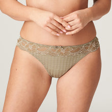 Load image into Gallery viewer, This G/String leaves the bottom uncovered and makes the leg appear longer. Sexy yet discreet, with a super lacy look. Non bulky under clothing.  Fabric content: Polyamide: 73%, Elastane:19%, Cotton: 8%. Golden Olive.
