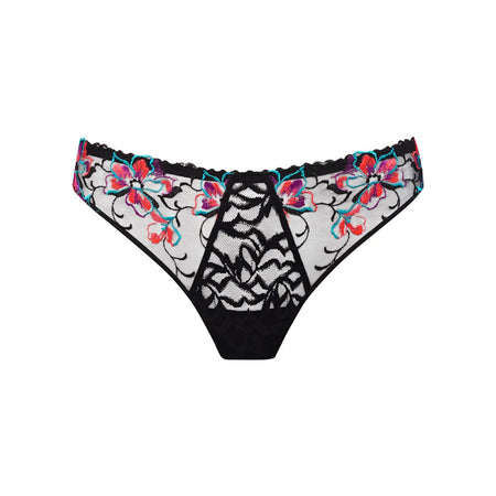 Black lace underwear with colorful floral embroidery on a white background